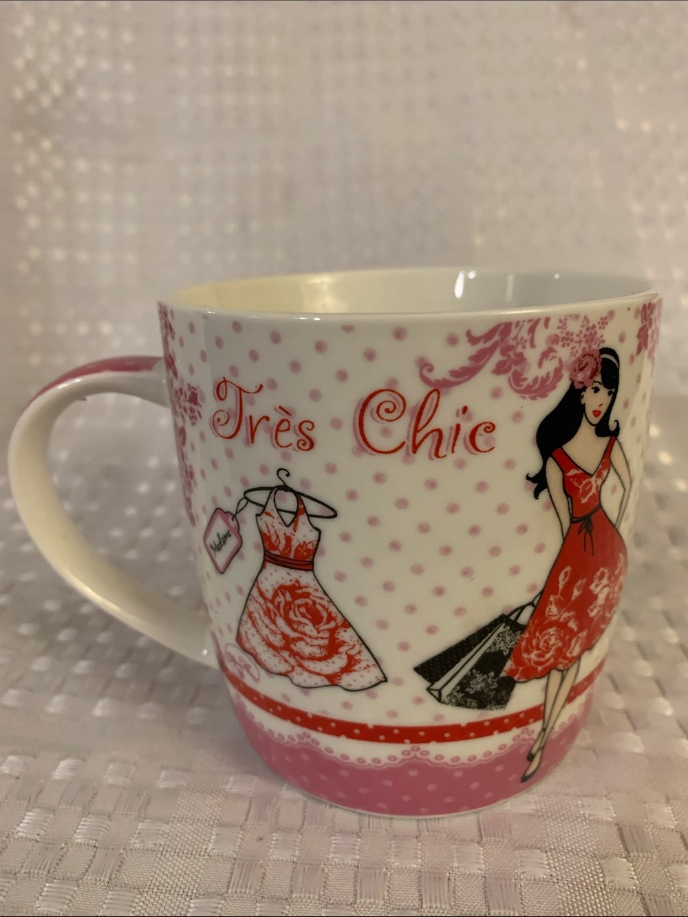 Très Chic Pink Polka Dot Ceramic Mug, 3.5 inches high.
